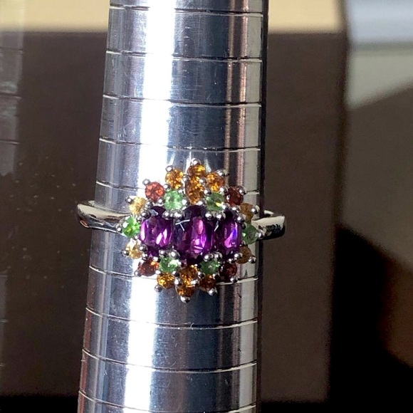 Sterling Silver Amethyst, Garnet, Peridot, Citrine Vintage Gemstone Ring Sz 10 - Picture 13 of 17